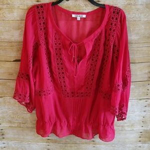 Daniel Rainn Red Peasent Blouse Semi Sheer Sz L